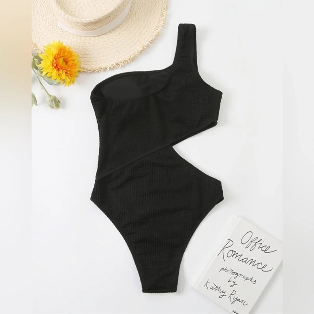 Limeeke One Piece Swimsuit for Women One Shoulder Bathing Suit Ribbed Monokini - Picture 4 of 6
